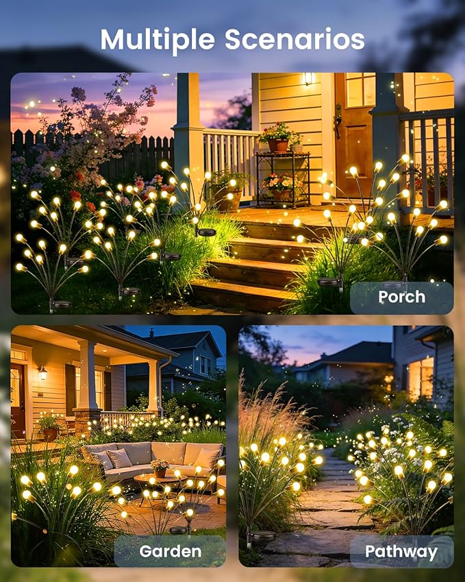 OZS 8 Pack Total 64 LED Solar Firefly Lights Fairy Outdoor - Solar Garden Lights Outdoor, Sway by Wind, Waterproof for Garden Patio Pathway Fairy Decor (Warm White)