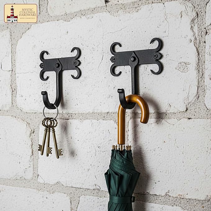 Mystic Colonial Rustic Cast Iron Wall Hooks, Heavy Duty Retro Utility Hooks for Hanging Coat, Bag, Towel, Robe, Hat and More, Mounting Hardware Included, Pack of 2