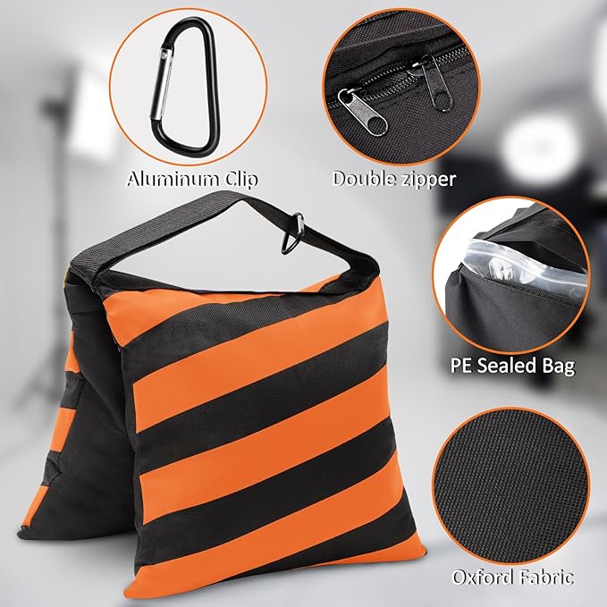 4 Packs Orange Sandbag Weight Bags for Light Stand Photography Video Equipments, Heavy Duty Saddlebags for Backdrop Stand, Photo Tripod, Canopy, Pop up Tent, Umbrella Base, Fishing Chair, Picnic Table