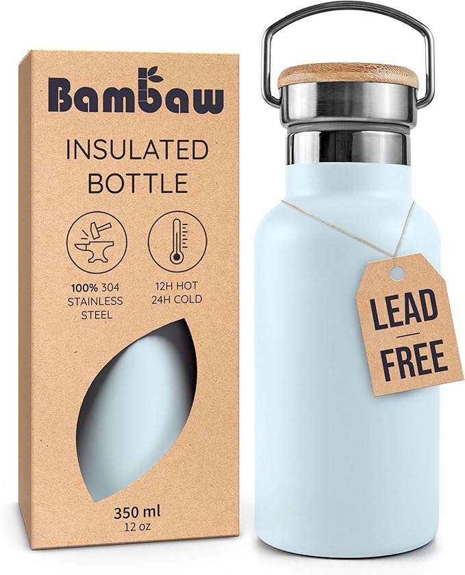Bambaw 12 oz Insulated Water Bottle, Water Bottle Stainless Steel, Small Size with Handle Easy to Carry, For School or Work, Keeps Drinks Cold 24h & Hot 12h, Lightweight & Durable (Ice blue)