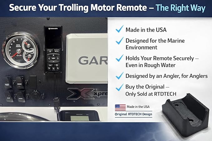 Remote Holder fits the Minn-Kota Advanced GPS trolling Motor Remote. Carbon Fiber Infused. Crafted by a Fisherman for Fishermen. Proudly Designed and Precision-Manufactured in the USA.