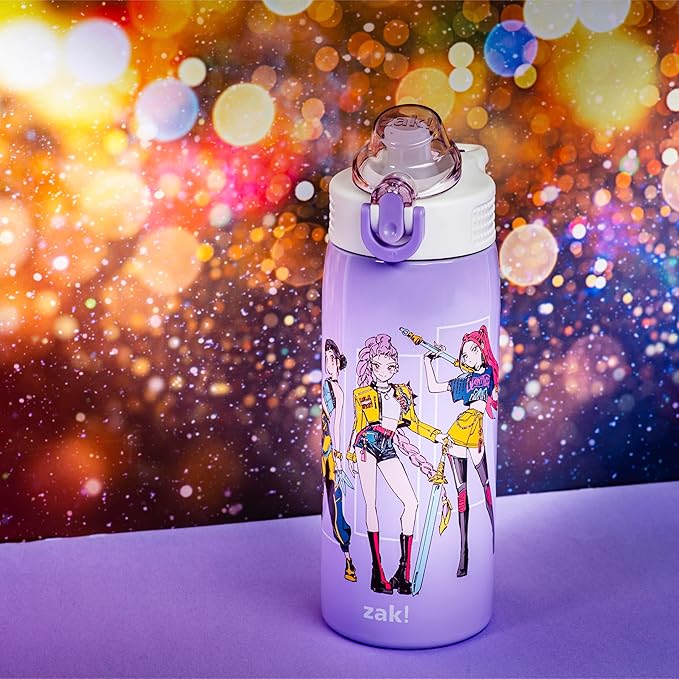 Zak Designs KPop Demon Hunters Sage Kids Water Bottle For School or Travel, 19oz Stainless Steel Water Bottle With Straw, Handle, and Leak-Proof, Pop-Up Spout Cover (Rumi, Mira, Zoey)