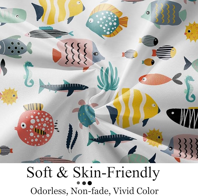 Kid Shower Curtain, Colorful Cartoon Tropical Fish Ocean Beach Theme Bath Curtain Waterproof Fabric Machine Washable with Hooks, 48" Wx72 L