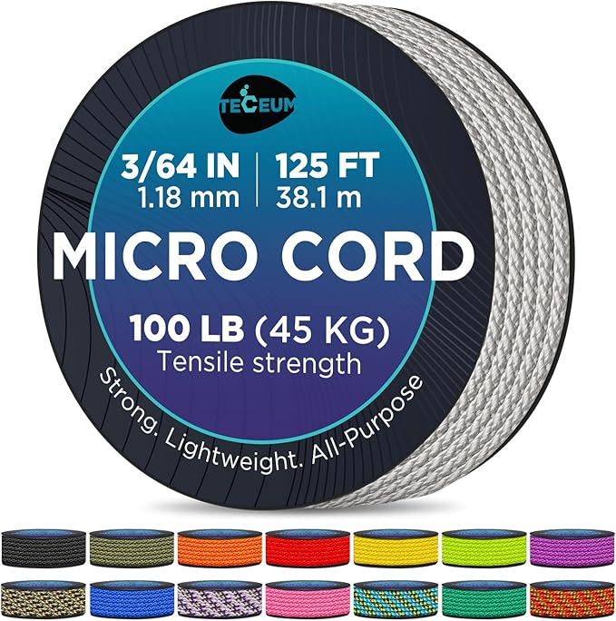 TECEUM Micro Paracord – 1.18 mm X 125 ft – Micro Utility Cord – Thin Braided Paracord Rope – Best for Crafting, DIY Projects, Fishing, Camping – Wind Chime Replacement – Survival Strong String