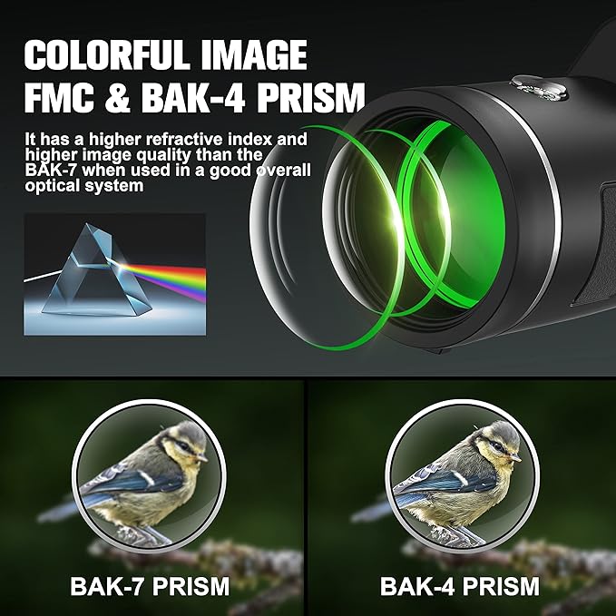 40x60 High Definition Monocular Telescope with Smartphone Adapter, BAK4 Prism FMC Monocular with Clear Low Light Vision for Wildlife Hunting Camping Travelling（LD006-00A-PDQ-1）
