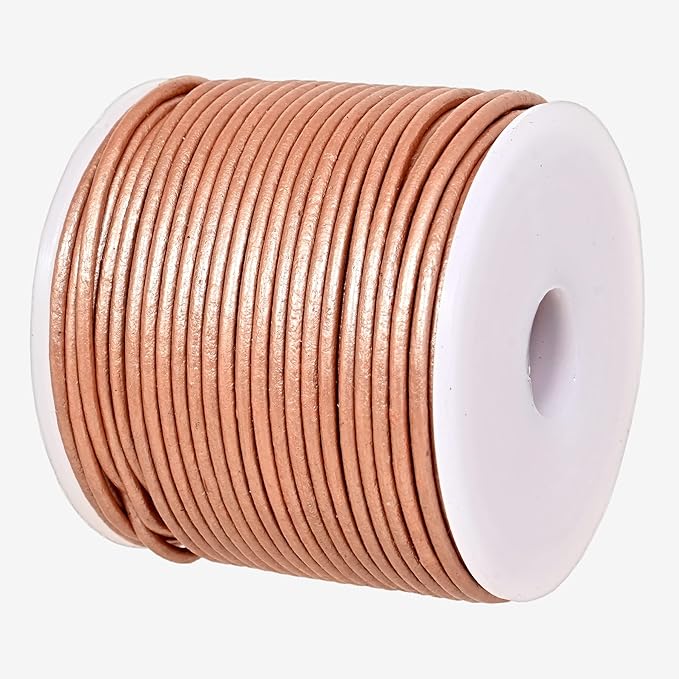 GENIQUE Real/Genuine Round Leather String Cord for Necklace, Bracelets, Jewelry, Kumihimo Braiding, DIY Projects (20 Metres) (1.5mm, Rose Gold Metallic)