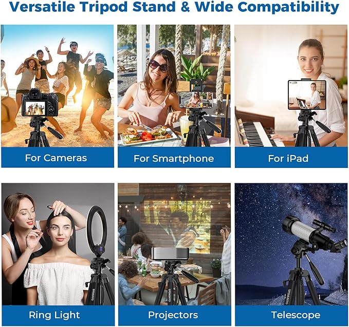 75" Heavy Duty Camera Tripod Stand with Bluetooth Remote - Max Load 15LB, Aluminum Travel Tripod for DSLR/Phone/Tablet/Projector, 3-Way Pan Head & Quick Release Plate, Compact Foldable Design (Blue)