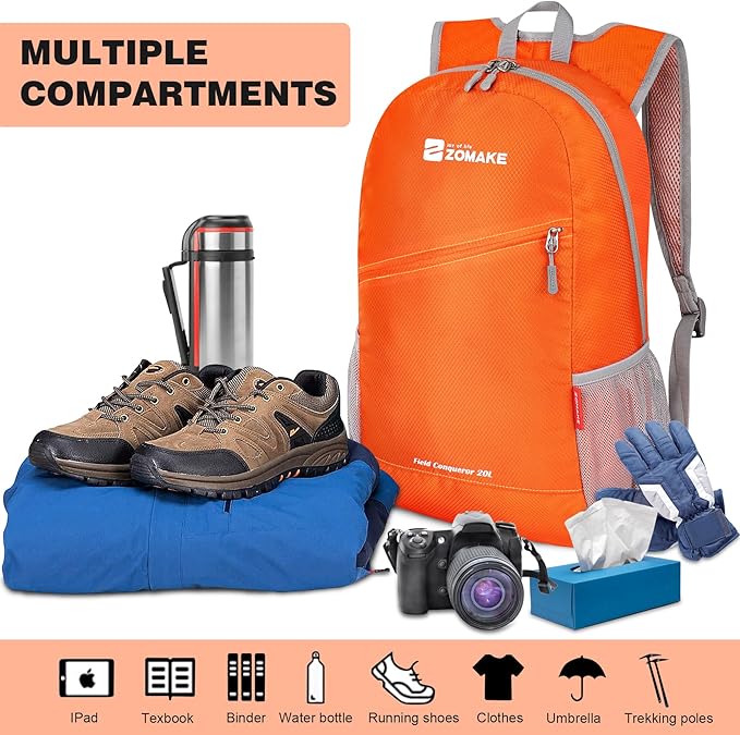 ZOMAKE Lightweight Packable Backpack,Foldable Backpacks Small Daypack for Hiking Water Resistant Day Bag for Travel(Orange)