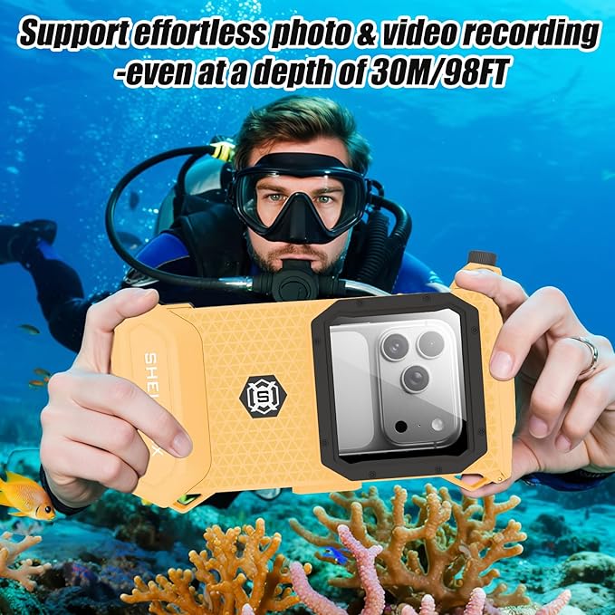 Underwater Phone Case for Snorkeling & Diving (50ft/15m), IP68 Waterproof Case for Swimming, Universal Underwater Touch Screen Case Compatible with iPhone (Yellow + Black, 5th Generation Phone Case)
