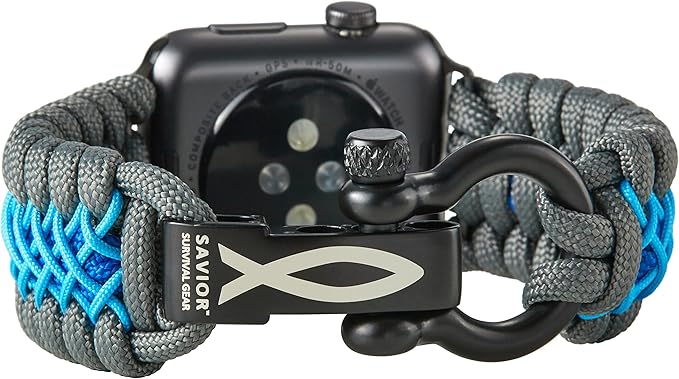 Savior Survival Gear Paracord Watch Band,Compatible with Apple Watch Band 49mm 46mm 45mm 44mm 42mm,iWatch Band Series Ultra 10 9 8 7 6 5 4 3 2 1 SE,Adjustable strap for men (Blue-Gray-Sky Blue,Large)