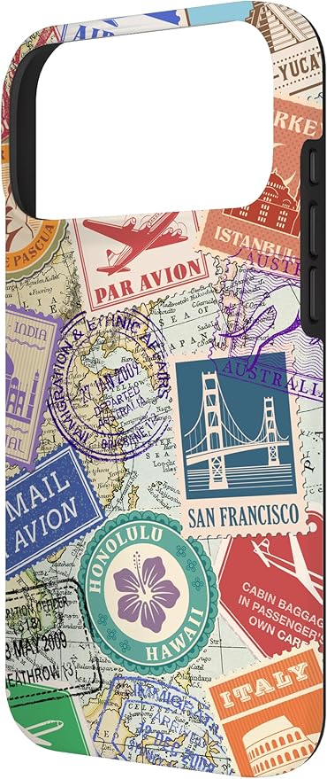 World Map Travel Passport Stamps Postage Stamp Case for iPhone 17 Pro Max