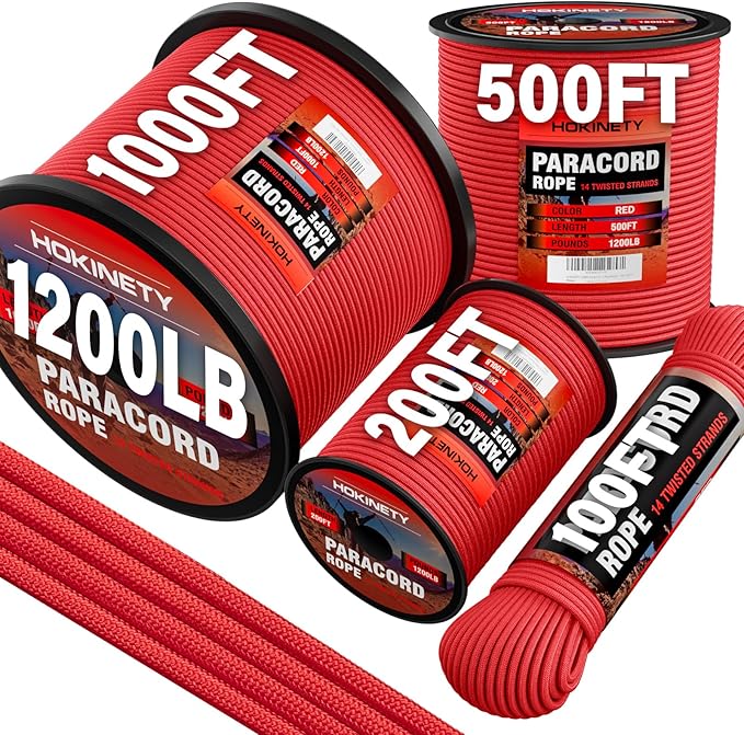 1200 Paracord Rope - 4.4mm 14 Strand Nylon Parachute Spool para Cord Lanyard for Outdoor Camping Survival Utility Tent Crafting DIY Projects Fishing Clothsline Bracelet - Red 500FT