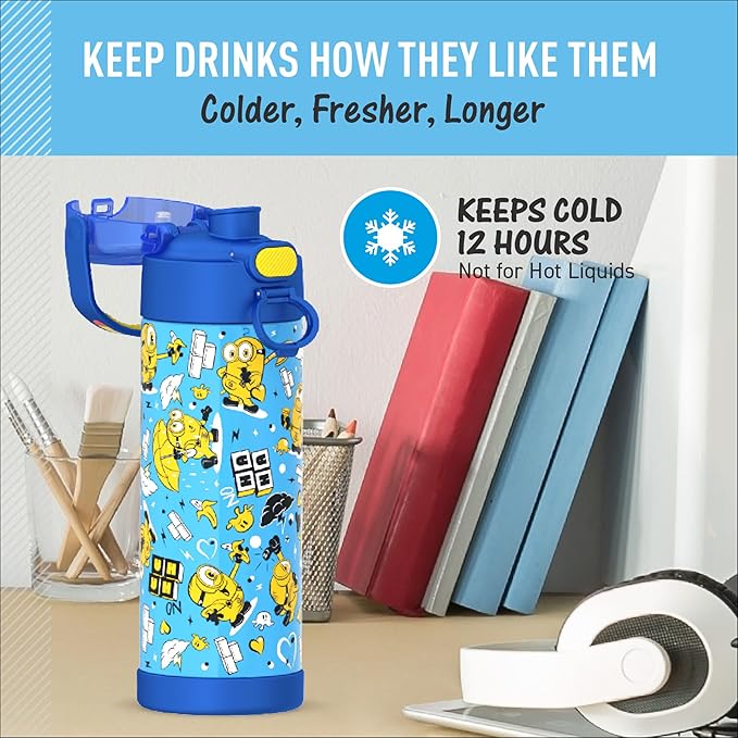 THERMOS FUNTAINER 16 Ounce Stainless Steel Vacuum Insulated Bottle with Wide Spout Lid, Minions