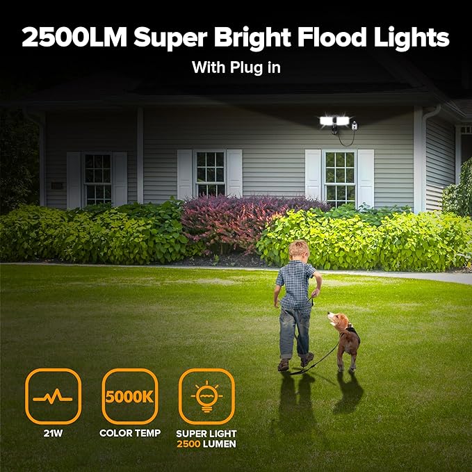 LUTEC 2 Pack 21W Black Plug in Motion Sensor Light Outdoor, Flood Lights Outdoor Motion Sensor,2500LM, 5000K Daylight,IP65 Waterproof,Adjustable 2 Heads Wall Light for Garage, Porch, Yard