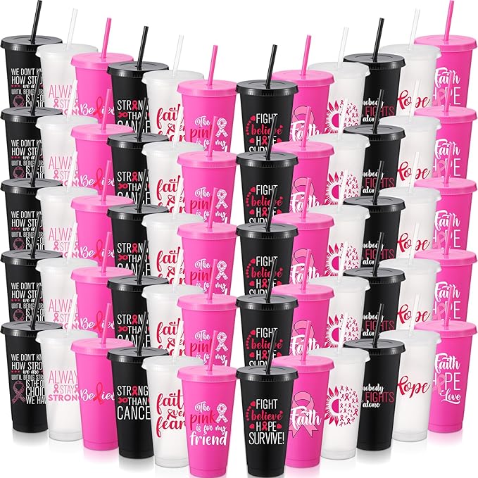 Willinglong 60 Pack Breast Cancer Awareness Gifts Plastic Cups with Lids and Straws 24oz October Pink Ribbon Tumblers in 12 Designs Party Favor Supplies for Women Events Fundraisers Office