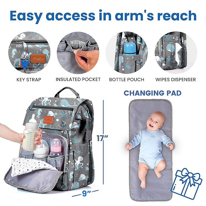 PILLANI Baby Diaper Bag Backpack - Backpack Diaper Bag w/Large Capacity - Baby Shower Gifts - Waterproof Travel Diaper Bags w/Changing Pad, Insulated Bottle Holders, Padded Straps - Baby Boy Stuff