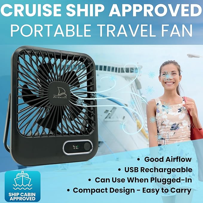Cruise Fan Cabin Approved - Magnetic Hook Included To Hang On Walls - Portable USB Rechargeable & Plug-In, Timer Function & 5-Speed Adjustable, White Noise, Long Battery Life, Perfect for 2026 Cruises