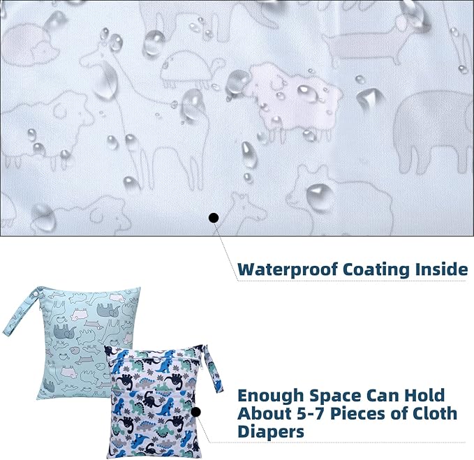 Waterproof Wet Dry Bag 2-Pack - Beach Swimming Travel Organizer for Baby Cloth Diapers, Swimwear & Gym Clothes, Leak-Proof with Dual Zippers-Cute Animal,Dinosaur