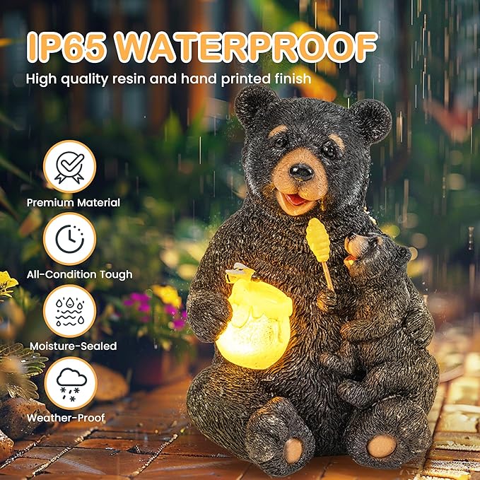 GIGALUMI Solar Garden Statues Bears 9", Loving Black Bear Decor, Yard Decorations Outdoor, Bear Figurine Lights for Outside, Garden Decor Unique Birthday Housewarming Gifts for Women, Mom