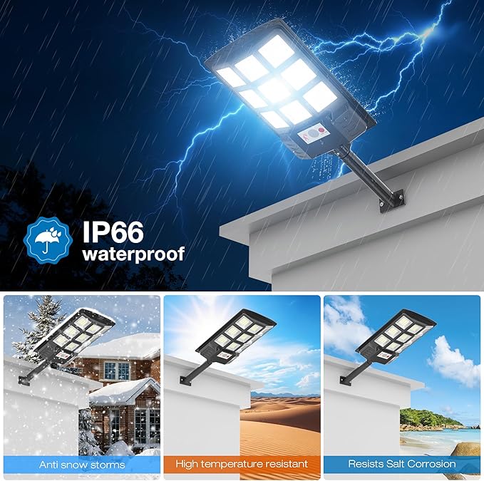 Solar Lights Outdoor,IP66 Waterproof Solar Street Lights Outdoor,6500K LED Dusk to Dawn Security Flood light with Motion Sensor and Remote Control for Yard,Parking Lot, Courtyards,Garages 4-Pack