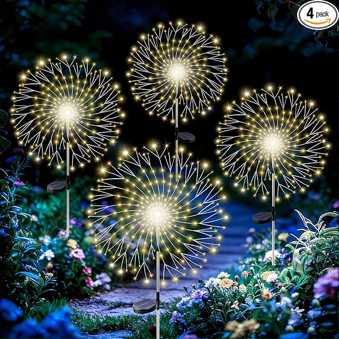 210LED Solar Firework Lights, 4Pack Outdoor Solar Garden Lights Decorative with 8 Modes, Waterproof Fairy Starburst Light for Outside Yard, Pathway, Party, Garden Decor, Warm White