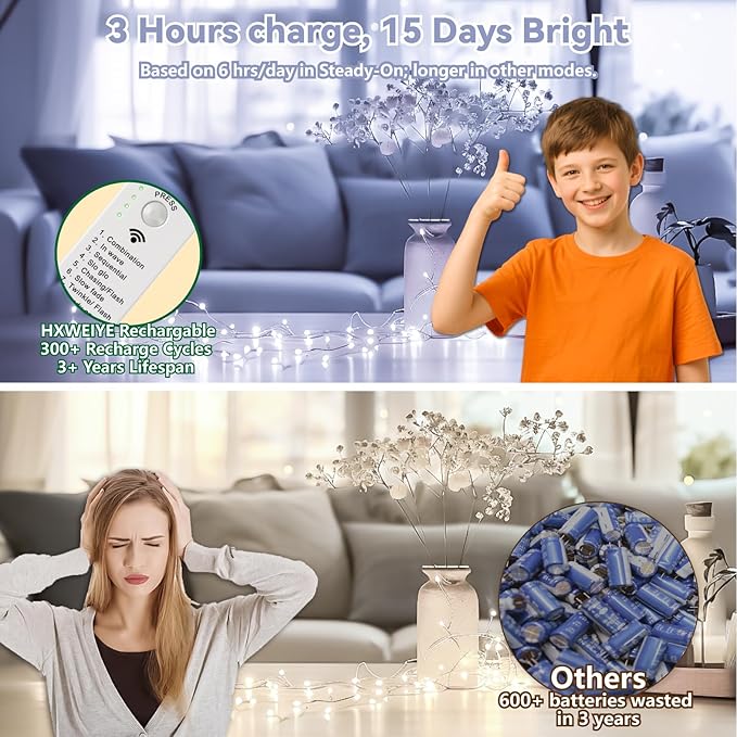HXWEIYE Rechargeable Fairy Lights Battery Operated, DIY Timer & 8 Modes, 2 Pack 16FT 50LED Twinkle String Lights Indoor, Led mini Lights for Bedroom Wedding Dorm Christmas Tree Decor (White)
