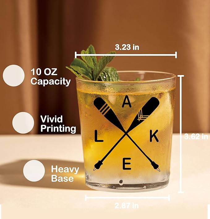 Nogrit Lake House Decor Whiskey Glasses 10 Oz,Beach Wine Old Fashioned Rocks Glasses Lake Gifts for Women Men Drinking Cocktail Scotch Vodka Tequila Rum
