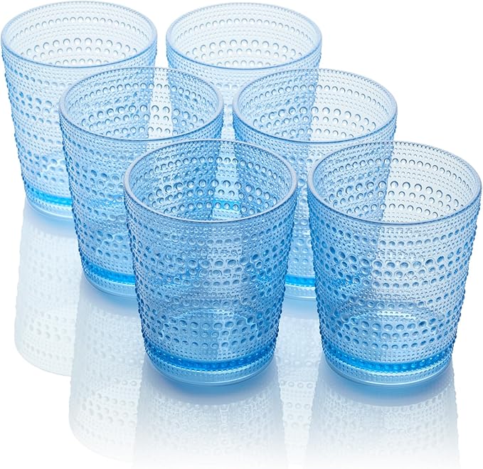 Santa Fe Blue Set of 6 Premium Acrylic DOF Glasses 16 oz – Unbreakable Drinkware with Textured Bubble Design, Dishwasher Safe Tumblers for Indoor & Outdoor Use