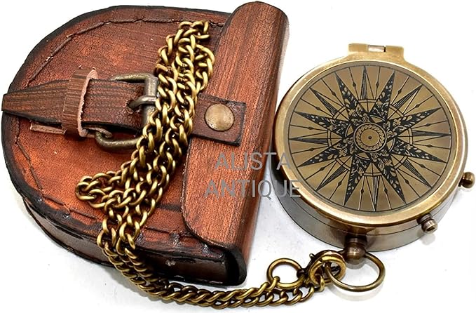 Classic Handmade Antique Functional Brass Compass with Chain and Leather Case – Vintage Decorative Pocket Compass for Men and Women for Wife