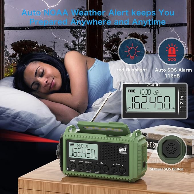 Eoxsmile NOAA Weather Radio 12000mAh - Emergency Radio Hand Crank Solar Battery Operated Portable AM/FM Shortwave Radio with USB-C Charger, Flashlight, SOS Alert for Home Outdoor Hurricane Survival