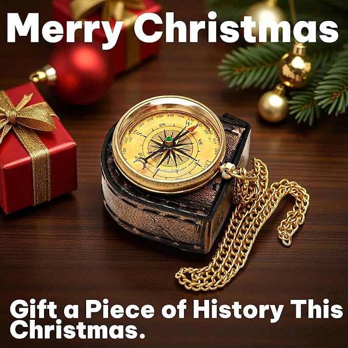 Handmade Brass Antique Compass with Leather Case – Vintage Finish Functional Pocket Navigation Tool for Travel, Hiking & Gift