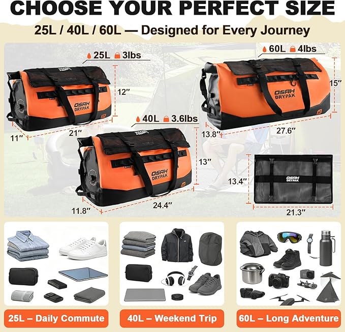 OSAH DRYPAK Waterproof Duffel Bag 25L/40L/60L – Heavy-Duty Motorcycle Tail Bag, Roll-Top Dry Bag for Travel, Camping, Boating, Kayaking, Outdoor Adventure