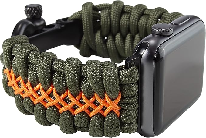 Savior Survival Gear Paracord Watch Band, Compatible with Apple Watch Band 49mm 46mm 45mm 44mm 42mm,iWatch Band Series Ultra 10 9 8 7 6 5 4 3 2 1 SE,Adjustable strap for men ( Green - Orange, X-Large)