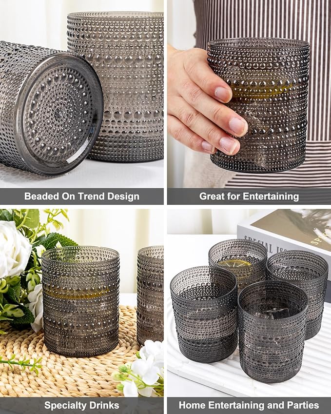 YOUBET 24PCS Plastic Drinking Glasses - 14OZ Black Hobnail Drinkware Glasses - Vintage Glassware Textured Beaded Cups for Water, Beer, Whiskey, Juice and Various Mixed Drinks for Party Graduation