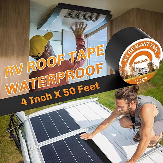 WELLUCK Butyl Sealant Tape, 4 Inch X 50 Foot RV Roof Tape Sealant Roofing Tape Black, Waterproof &UV RV Tape for Roof Camper Trailer Boat Sealing Leak Repair