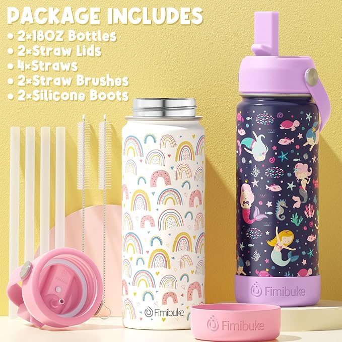 Fimibuke Kids Insulated Water Bottle, 18oz BPA FREE Kids Cups with Straw Double Wall Vacuum Tumbler 18/8 Stainless Steel Leak Proof Toddler Water Bottle for School Boys Girls (2 Pack, Dinosaur/Shark)