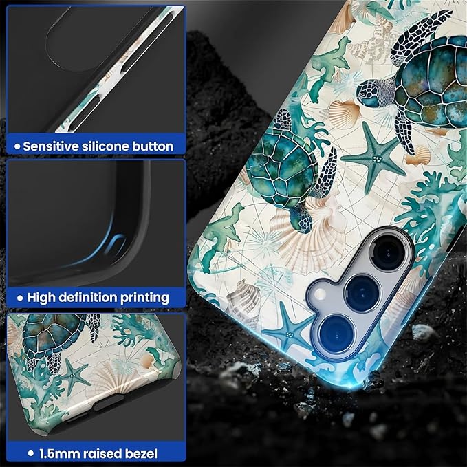 for Samsung Galaxy S24 Case,HL2 Ocean Sea Turtle Nautical Map Hybrid 2 Layer Hard Shell Silicone Protective Pattern Design Case