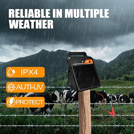20 Mile Solar Electric Fence Charger, 0.4J Output Solar Fence Kit 10.2 KV Max Voltage, 12V/4.5Ah Battery, Portable Solar Fence Energizer for Livestock & Garden Protection, Includes Alligator Clip