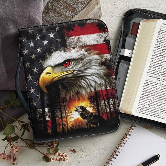 Small Bible Cover Case for Women Men American Flag Wolf Bald Eagle Print PU Leather Bible Case with Bookmark Church Bag Book Carrying Case Bible Cover for Women Men Bible Case for Men Women