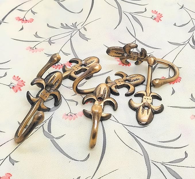 FAPBADRI Multipurpose Hooks, Used to Hang Clothes, Bags, Coats, Curtain Hold Backs, Keys, Colour - Antique Gold, Material - Brass, Royal Design, Screws and Wallplugs Included, Pack of 10 Pieces