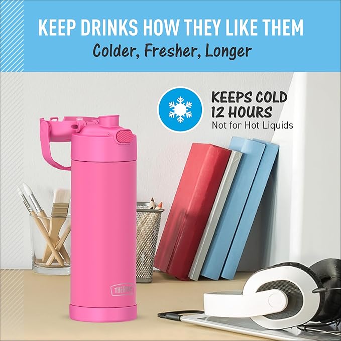 THERMOS FUNTAINER 16 Ounce Stainless Steel Vacuum Insulated Bottle with Wide Spout Lid,Neon Pink,(Pack of 6)