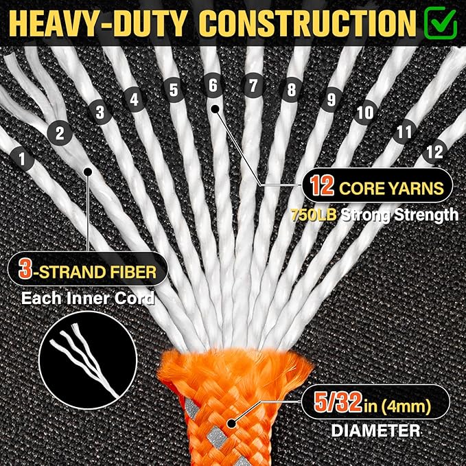 Reflective Paracord Rope 750 lb - 500ft 5/32" Parachute Cord 4MM 12-Strand para Cord - Heavy Duty Spool String for Survival,Camping Gear, Survival Bracelet, Clothesline - Orange