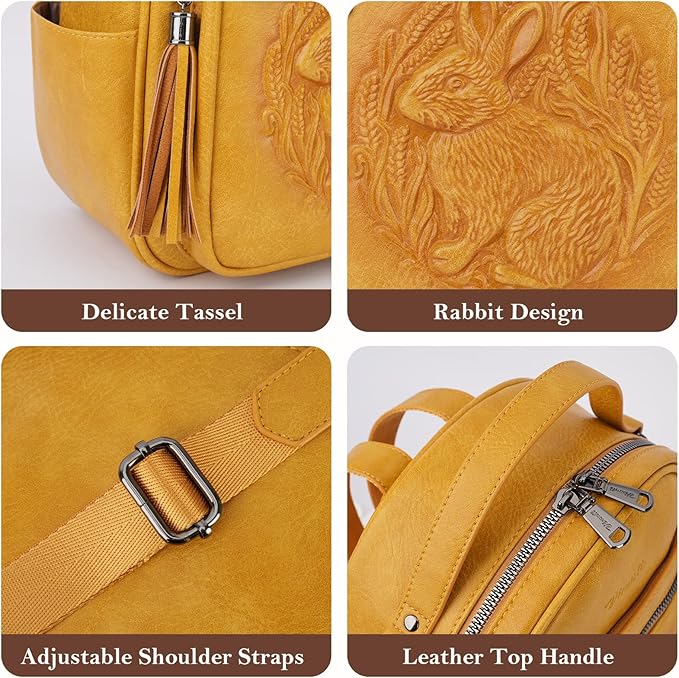 Mini Backpack Purse for Women,Embossed Leather Small Backpack Fashion Travel Backpacks Daypacks Shoulder Handbag (YELLOW-Rabbit)
