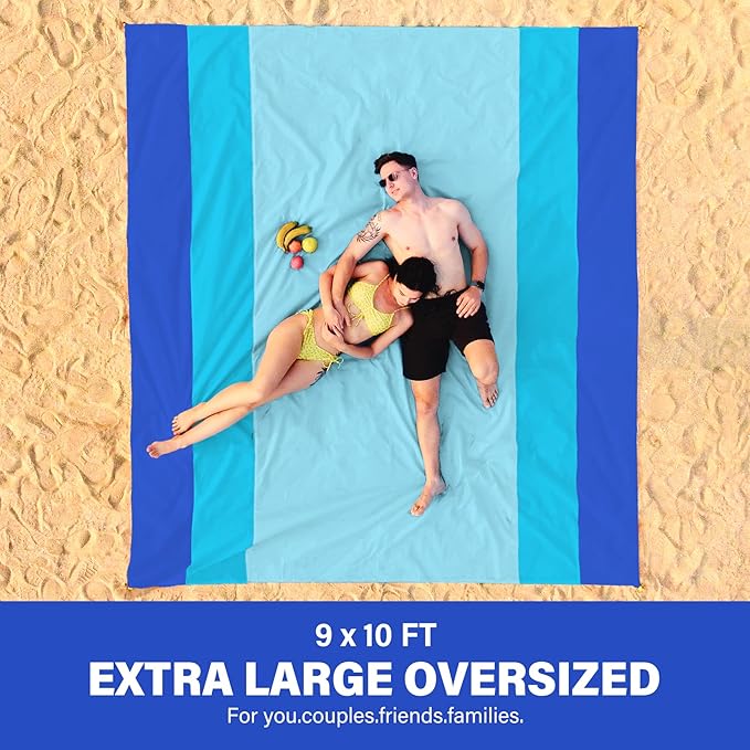 Famstar Beach Blanket Oversized Extra Large 10'X 9',Waterproof Sandproof Beach Blanket 2-8 Adults Lightweight Durable for Travel Camping Hiking Picnic (10'X 9', Blue)