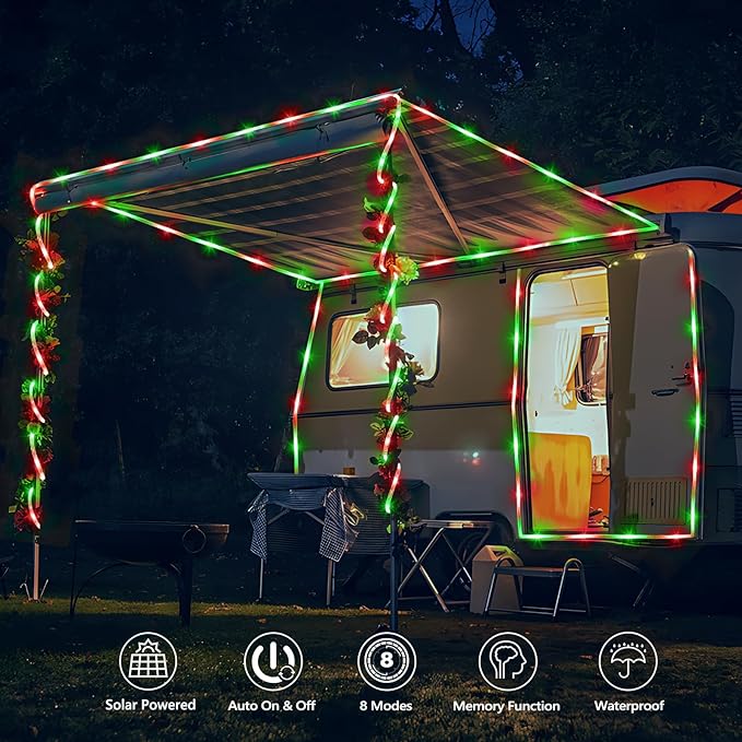 Solar Rope Lights, 2 Packs Total 66ft 200LED Solar String Lights, 8 Modes Waterproof Solar Powered Outdoor Light, Flexible Clear Tube Light for Garden Yard Patio Deck Porch Tree Xmas Decor -Red &Green