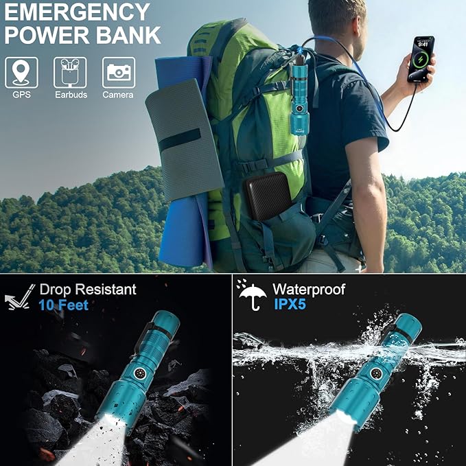Banral Flashlights High Lumens Rechargeable, Super Bright Long Range Small Powerful Flashlight, 6 Modes LED Tactical Pocket Waterproof Flash Light for Home Emergency (2, Turquoise)