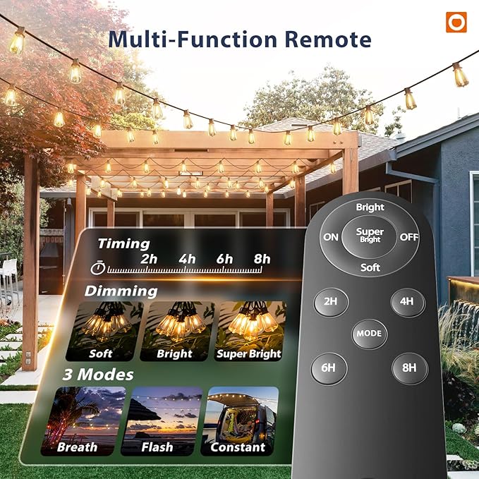 addlon 150FT(144+6) Solar String Lights Outdoor with Remote, Long-Lasting Waterproof Patio Lights, Dimmable & Timable Hanging Solar Light with 45 LED Bulbs for Outside, Yard, Garden, Camping, Gazebo