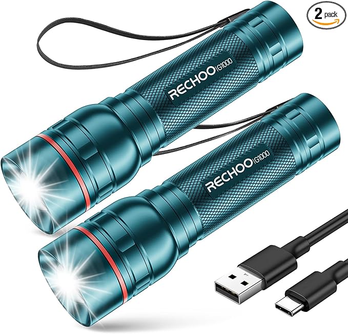 RECHOO Rechargeable Flashlight 2 Pack, Bright Military Grade Torch Light High Lumens with Adjustable Focus & 3 Lighting Modes, Lightweight Waterproof Led Flashlight for Camping Home, Teal Blue
