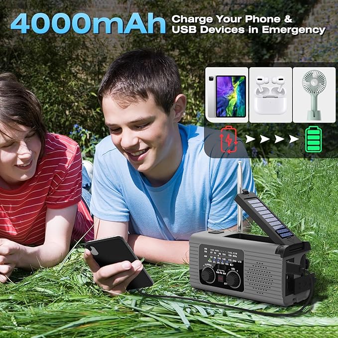 NITIGO Emergency Radio 4000mAh Solar Hand Crank AM/FM/NOAA Portable Weather Radio with Phone Charger, LED Flashlight, Reading Lamp, SOS Alarm, Headphone Jack for Indoor Outdoor Emergency, USB Charged