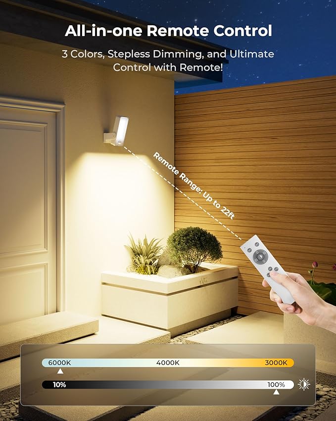 Motion Sensor Outdoor Light, 10000mAh Rechargeable Battery Operated Outdoor Lights with Remote, 3 Modes, Dimmable & 3CCT, Waterproof IP65 Outdoor Security Lights for Shady Areas, Porch, Patio, Garage